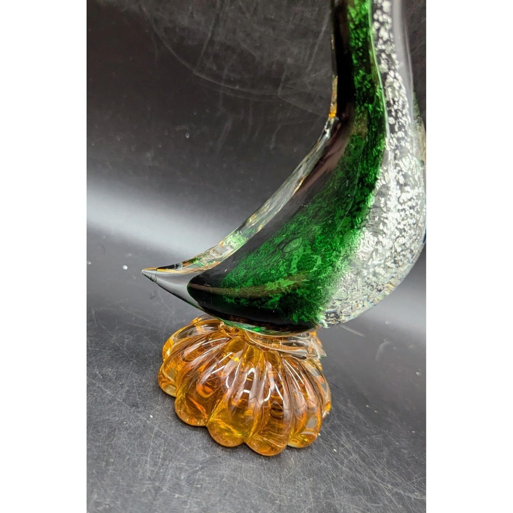 Vintage Murano Art Glass Rooster Figurine Sculpture Silver Flake Green Orange - Picture 7 of 10